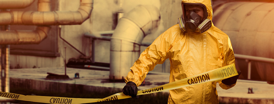 More comprehensive biosecurity programs have emerged following terrorist attacks. Man in a yellow biohazard suit stringing caution tape in an industrial area.