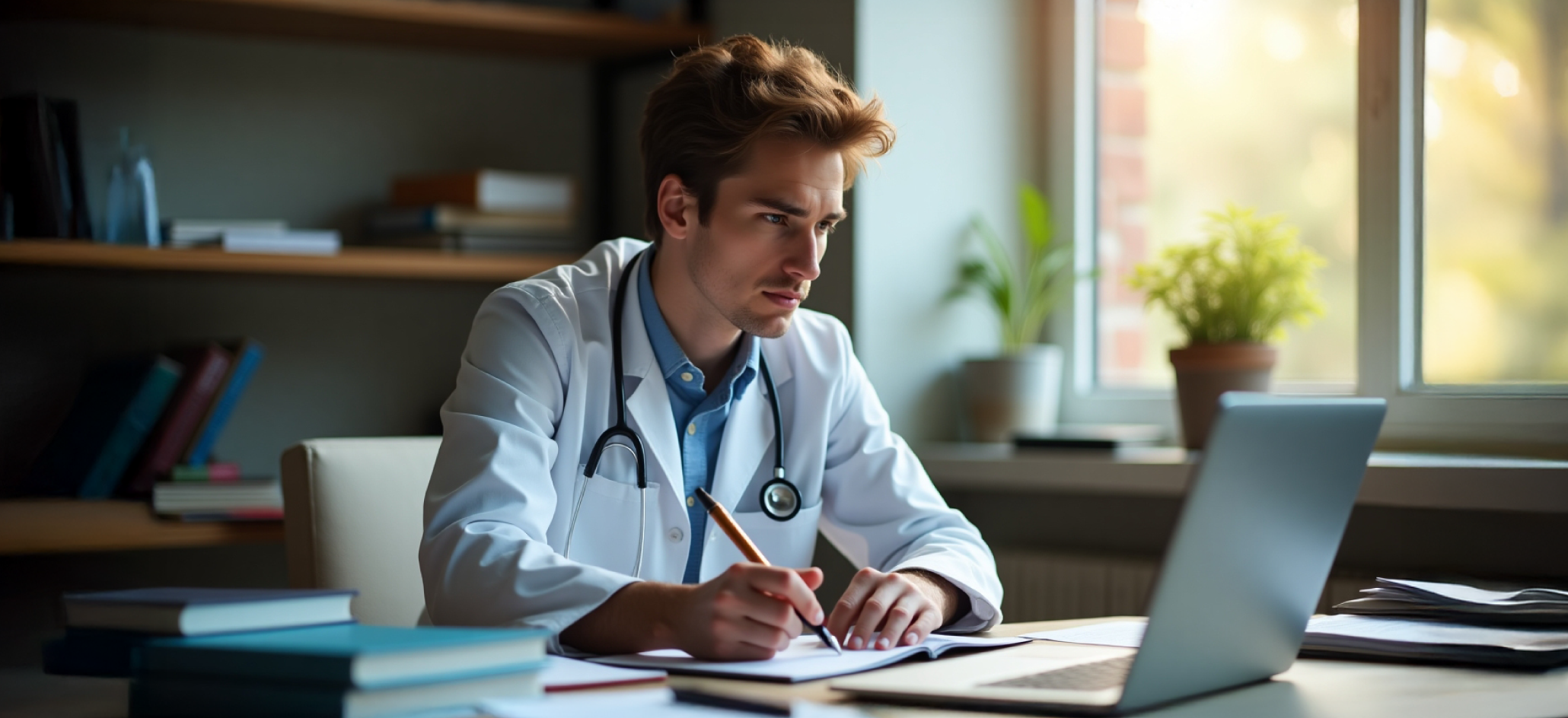 A male doctor in a white coat with a stethoscope around his neck sits at a desk, writing in a notebook while looking at a laptop. The room is softly lit by natural light from a nearby window, with books and potted plants in the background.