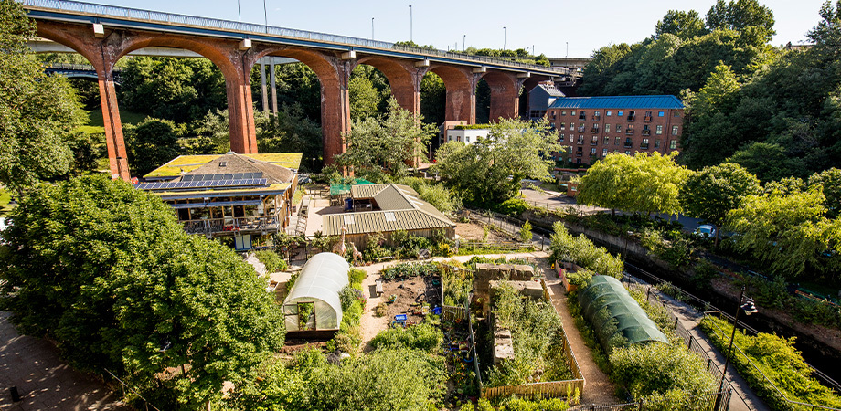 Urban farm near a canal, elevated train tracks and an apartment building.