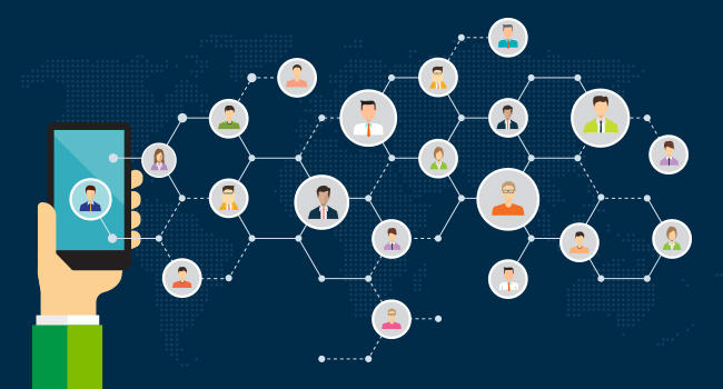 Illustration of hand holding smart phone with grid of round icons of business people representing leadership bloggers.