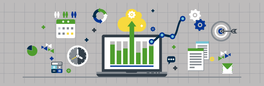 Illustration of laptop with message bubbles, line graph, pie charts and other icons representing performance marketing.