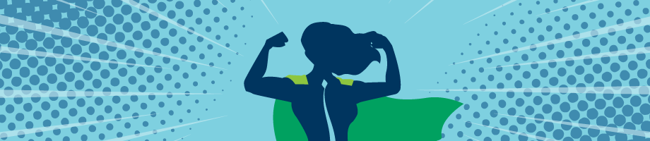 Triumphant business woman superhero flexes her arms in a confident stance.