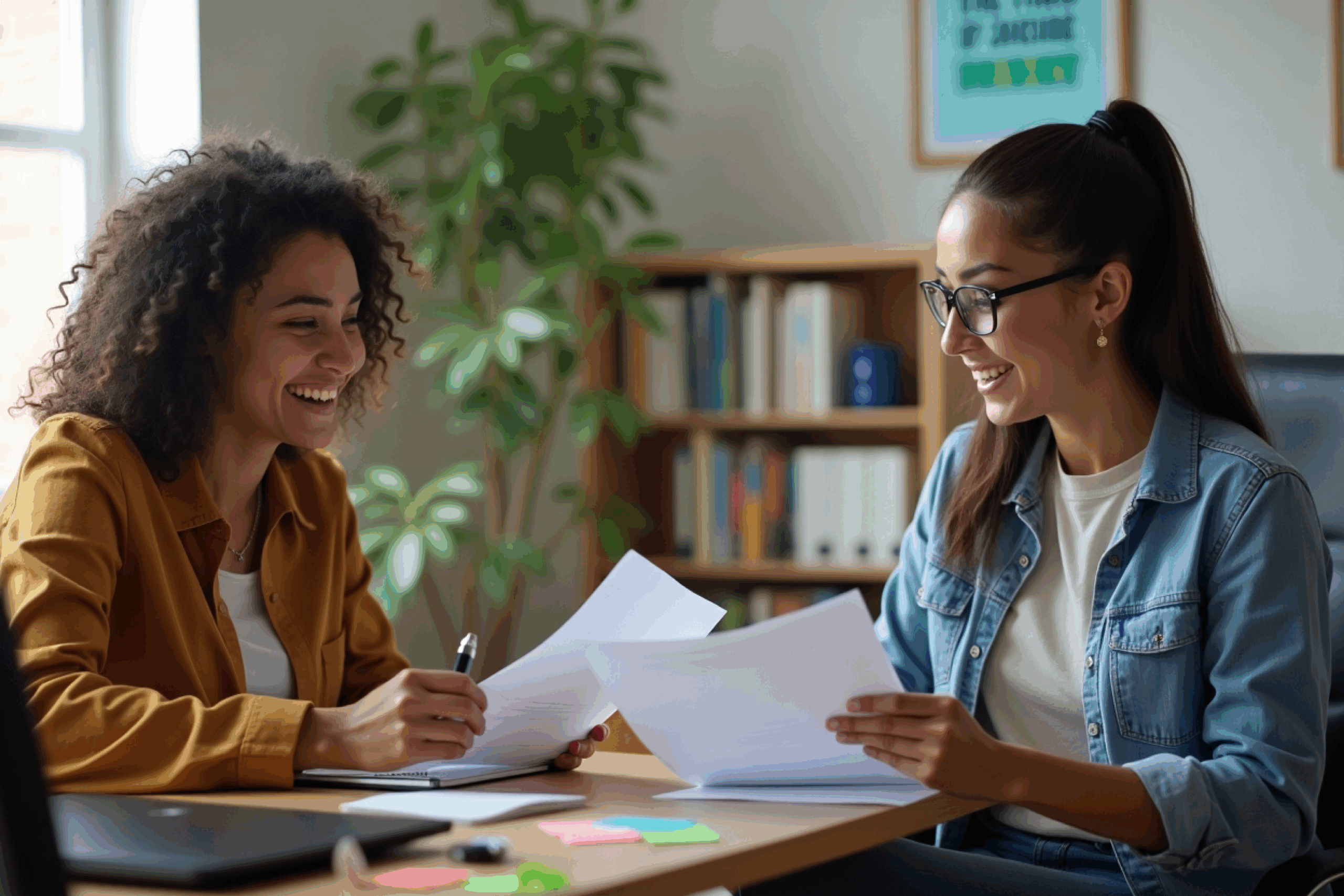 Two Women Sitting In An Office Reviewing Papers