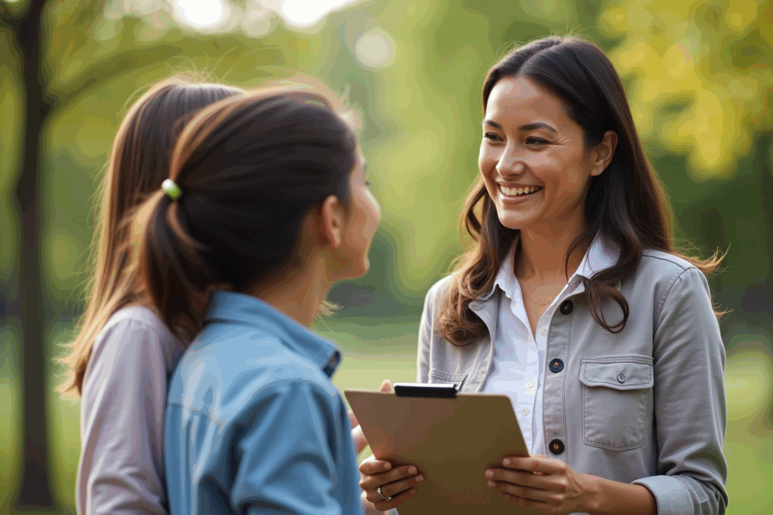 A woman talks with two girls in a park setting