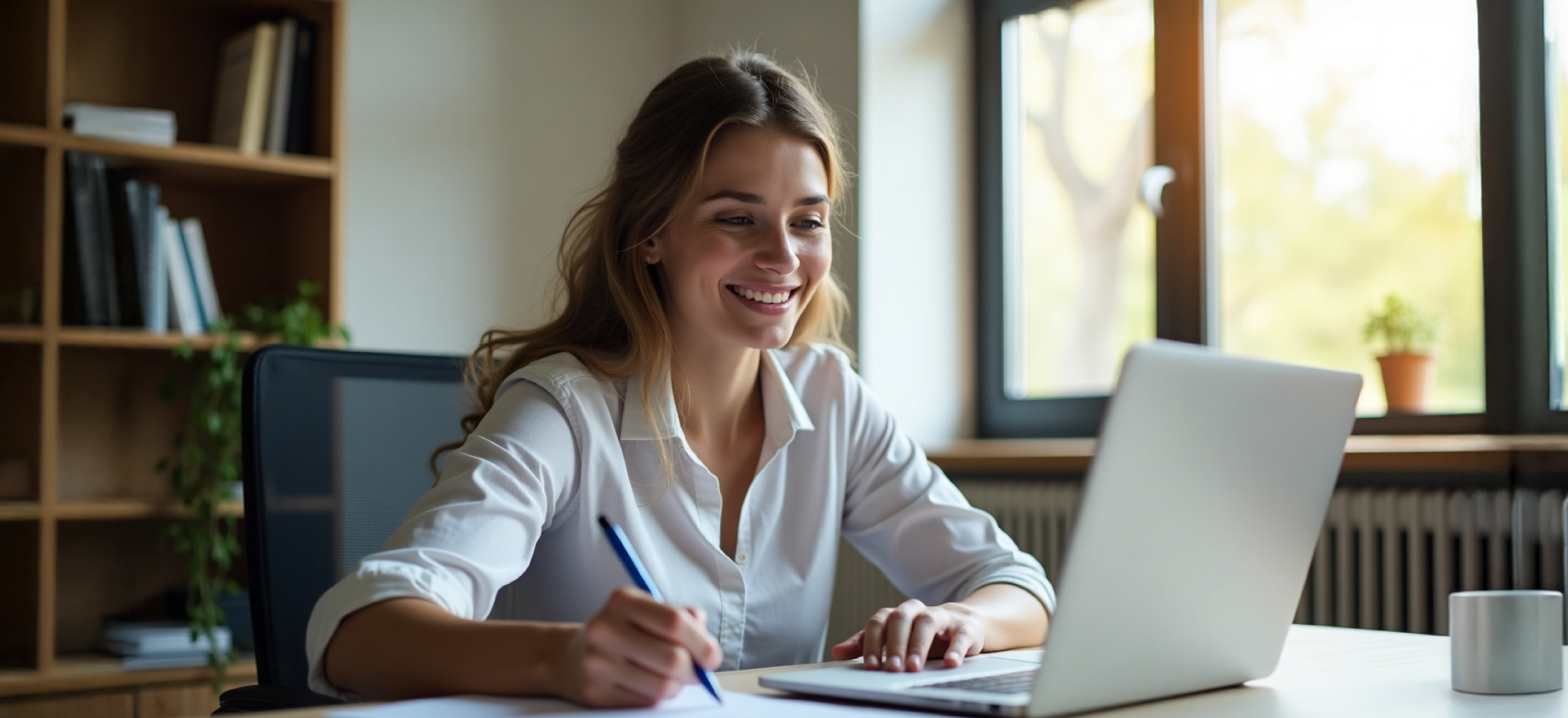 Woman in White Blouse Looks at Laptop
